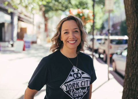 Meagan Given in York City Pretzel Company shirt, photo by Miranda Harple